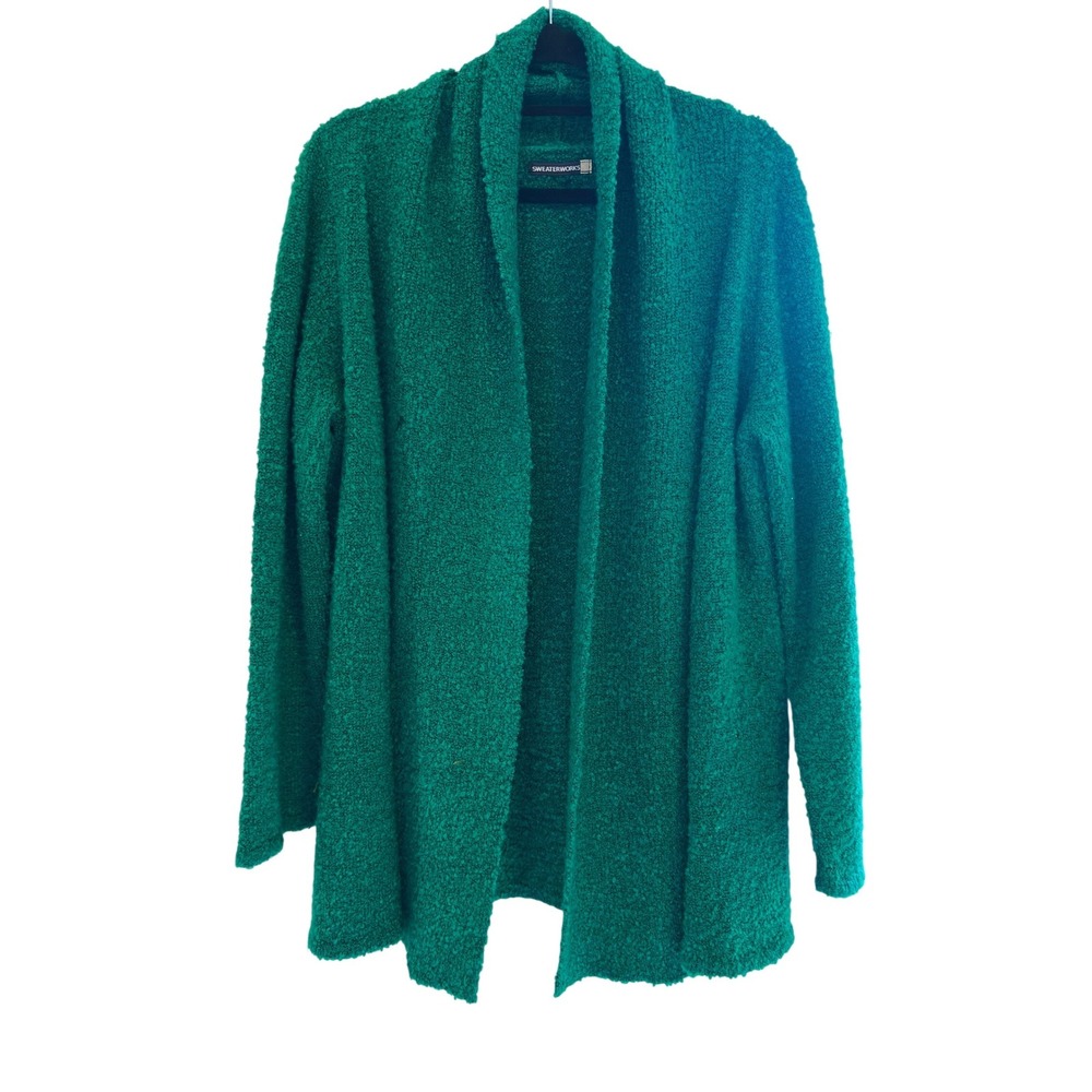Sweaterworks Cardigan Green Bouclé‎ Open Front Shawl Collar Longline Sweater L